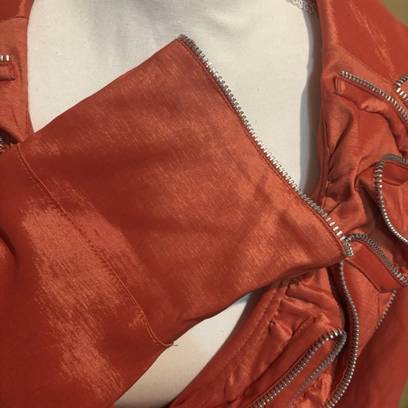 Jerry T Orange Satin Ruffle Zip Collar Belted Blazer Jacket Women's Size Large - Picture 5 of 7